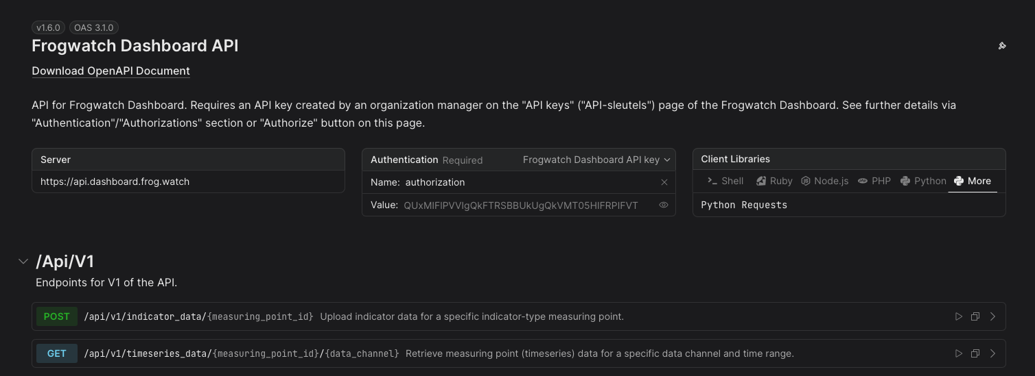 De interactieve API-documentatie van het Frogwatch Dashboard